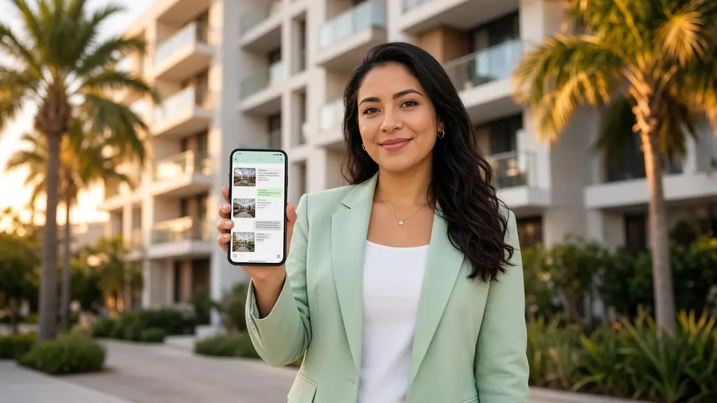 Imagen ilustrativa: agente inmobiliaria muestra en su celular un chat con fotos de departamentos