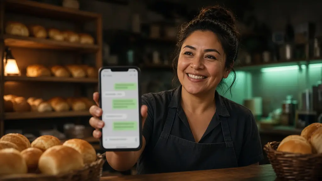 Imagen ilustrativa: dueña de una panadería muestra en su celular un chat que responde a sus clientes